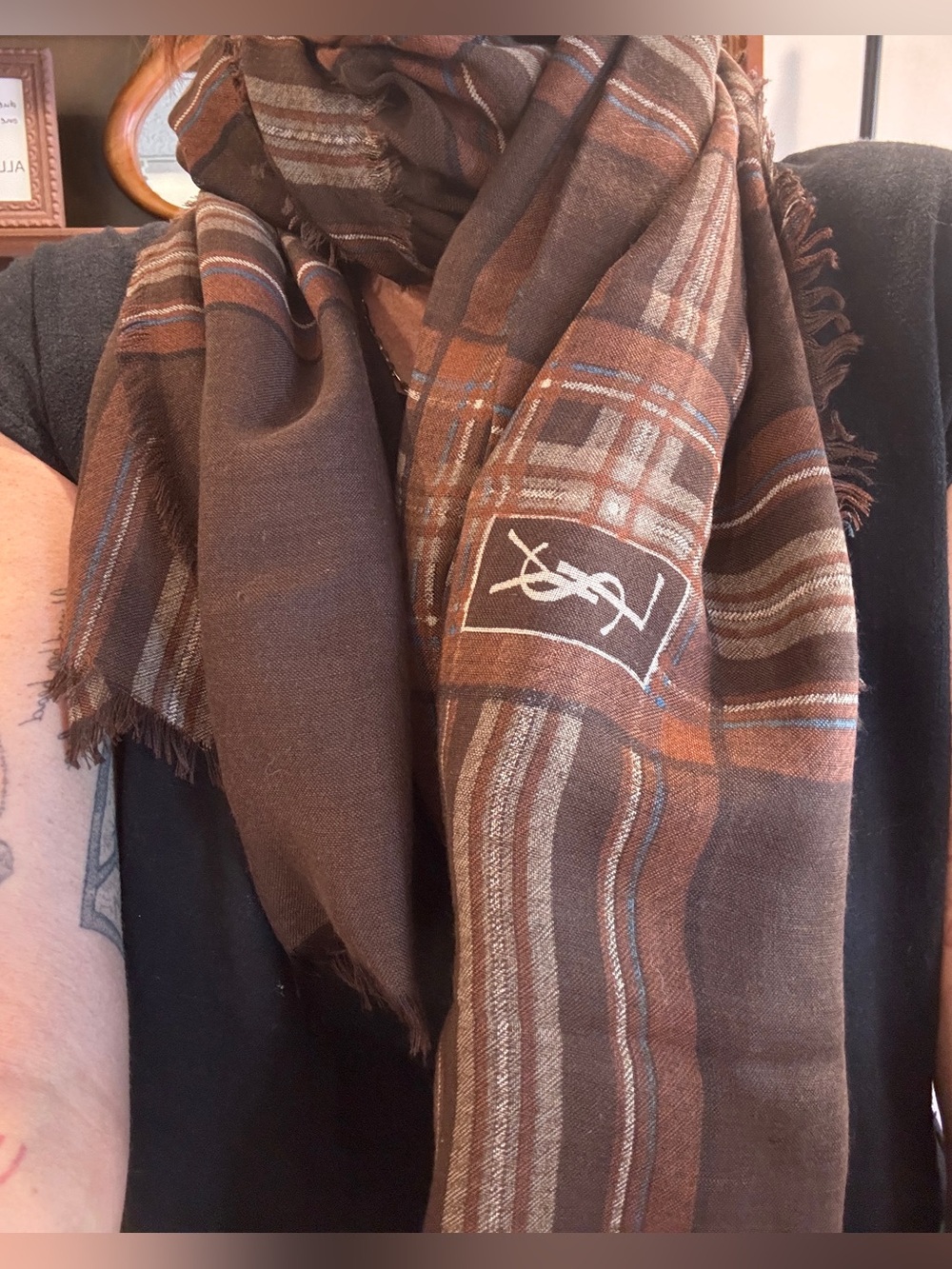 Yves Saint Laurent Brown Plaid & Stripe Large Square Scarf w/ Fringe Detail 50”